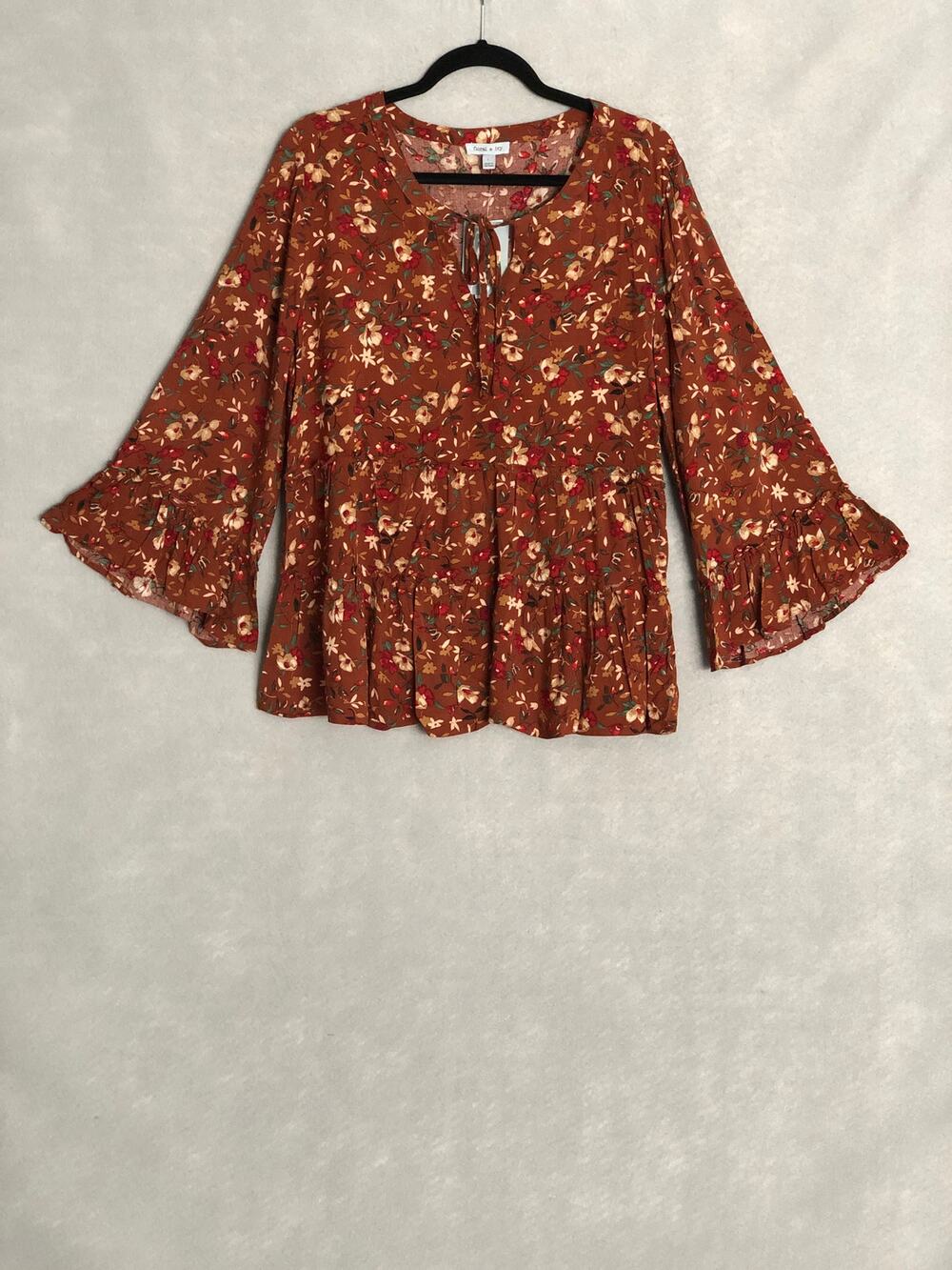 Floral & Ivy Flounce Sleeve Top Floral Tiered Brown Women's Large NEW